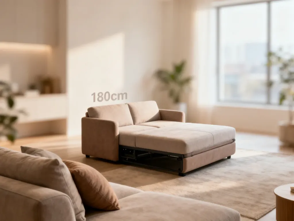 Nowoczesna, kompaktowa sofa o szerokości 180 cm z funkcją spania w przytulnym, minimalistycznym salonie.