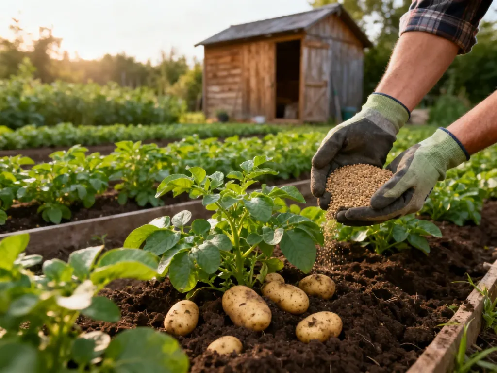 Ogrodnik aplikuje nawóz organiczny pod krzaki ziemniaków w przydomowym ogrodzie, dbając o zdrowy wzrost bulw.