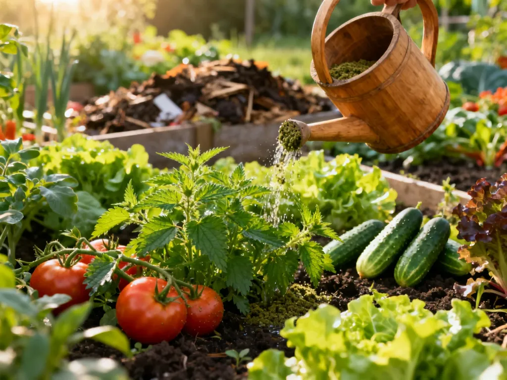 Podlewanie pomidorów i ogórków naturalną gnojówką z pokrzywy w przydomowym ogrodzie warzywnym.